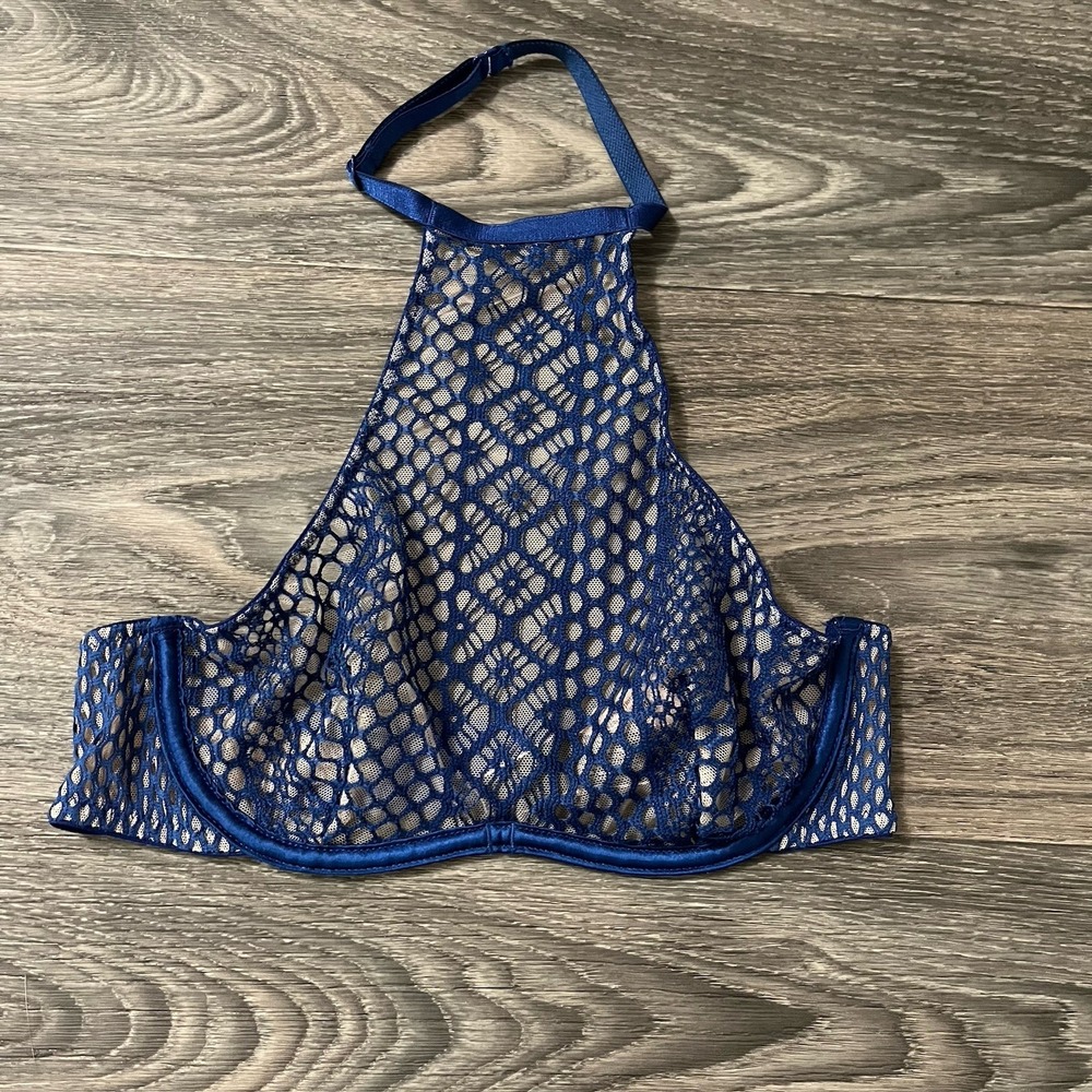 Victoria Secret Bra Unlined Very Sexy Blue Lace Halter 32B Underwire High Neck